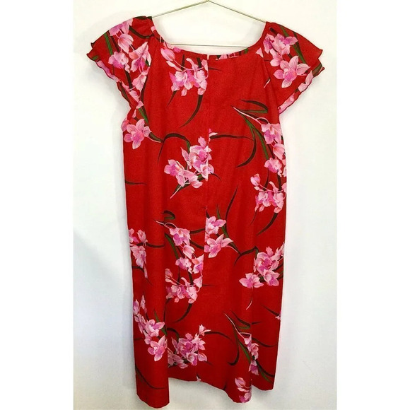 Vintage Jana Womens Red Multi Floral Flutter Sleeve Hawaiian Midi Dress Size 10 - Picture 3 of 10